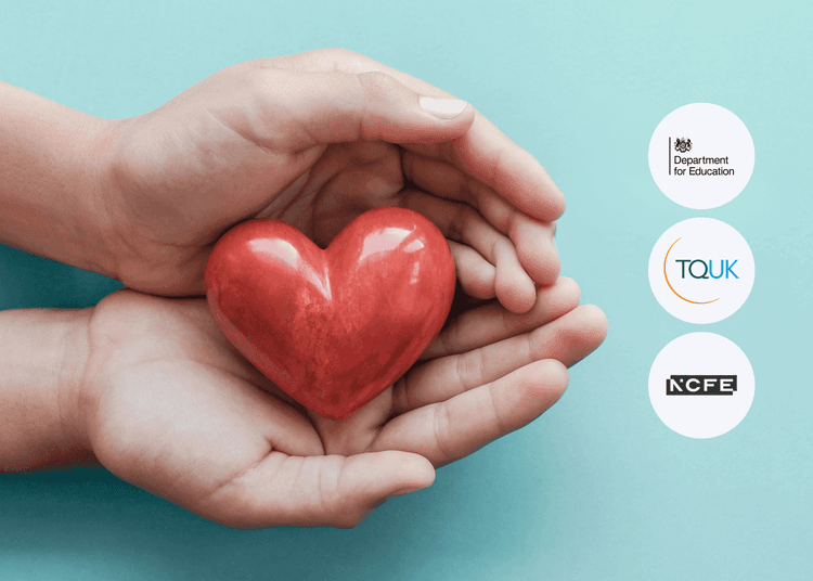 Two hands gently cupping a small red heart against a teal background, symbolising care and support.