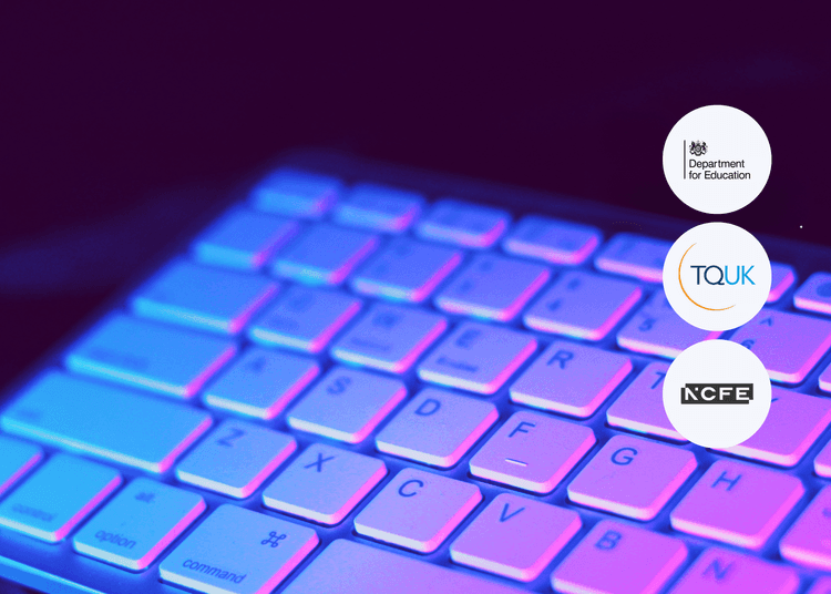 Close-up of a white computer keyboard with blue and pink neon lighting highlighting the keys, shot from a slight angle.