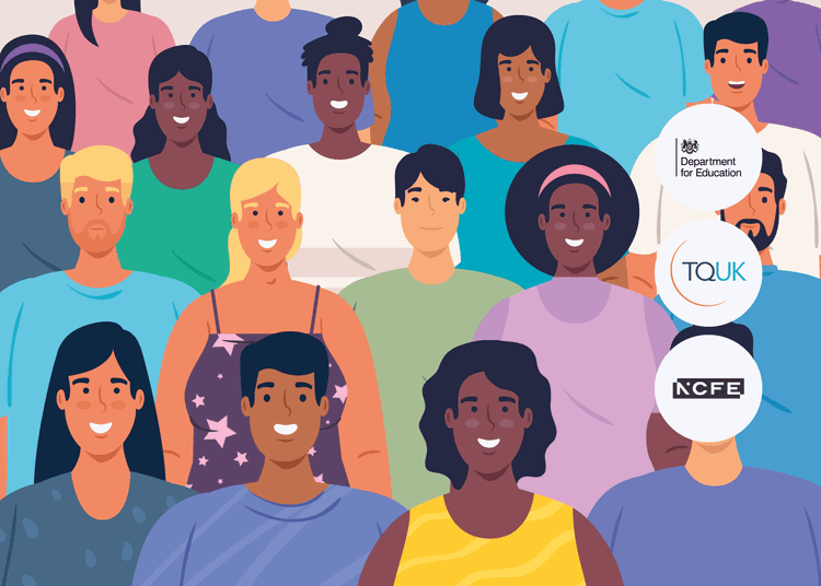 Illustrated group of diverse people standing together, each with different hairstyles, clothing, and skin tones.