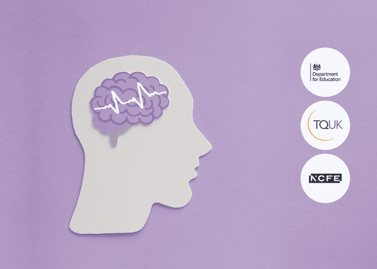 Paper cut-out head with a purple brain and heartbeat line on a lilac background, with DfE, TQUK and NCFE logos.