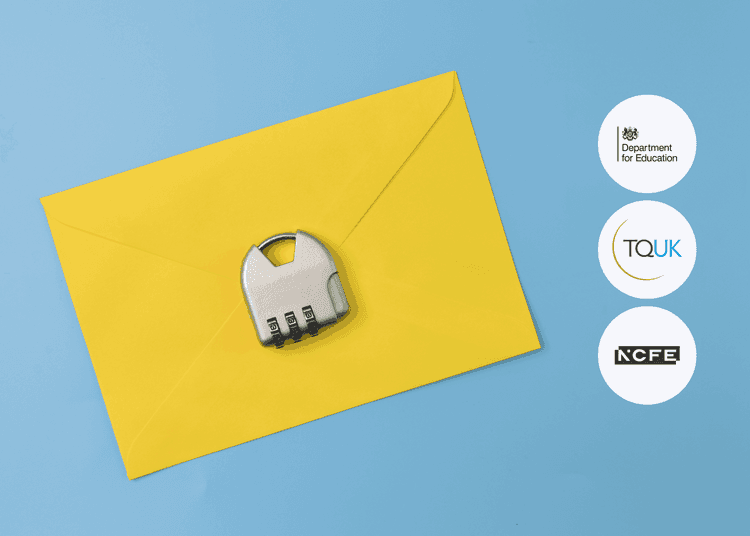 Yellow envelope on a blue background with a silver combination padlock placed on top, photographed from a top-down angle.