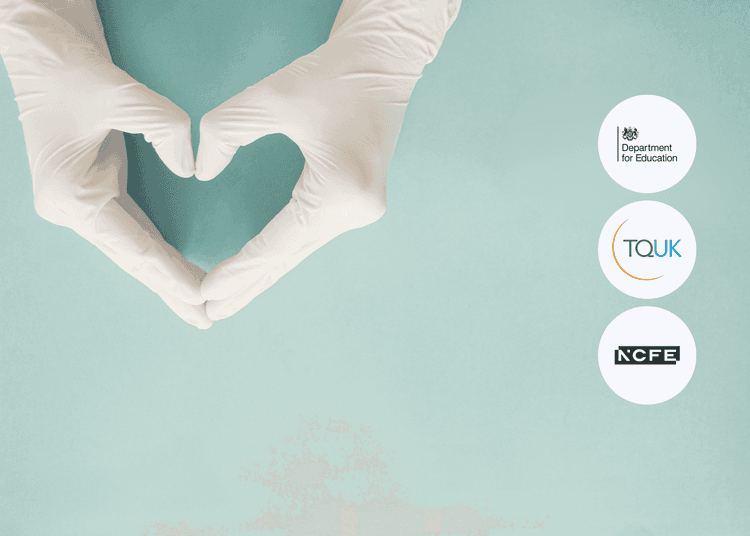 Two gloved hands forming a heart shape against a soft teal background, with both thumbs and fingertips touching.