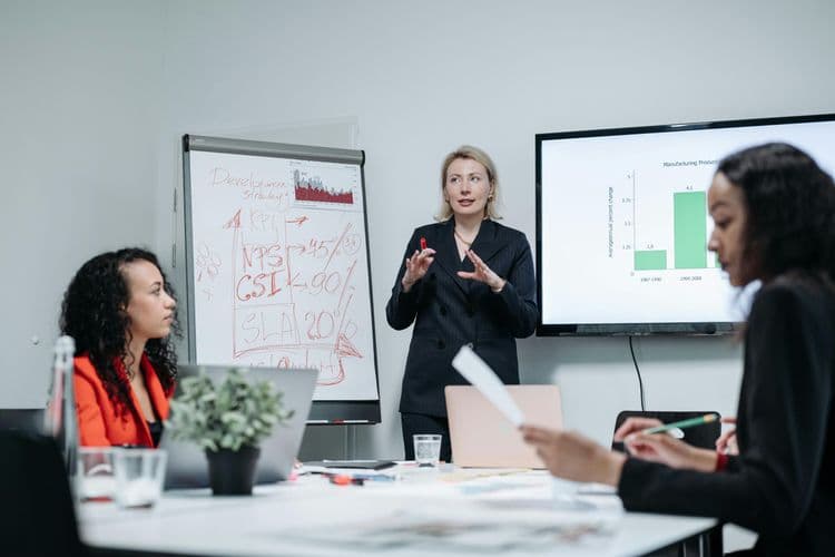 Manager presenting a strategy chart to colleagues during a meeting, illustrating leadership, communication and decision-making skills in a management setting.