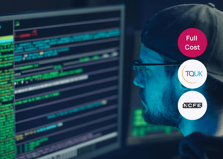 Person focused on detailed code across multiple monitors, reflecting a technical computing and cybersecurity setting. Man wearing glasses and a cap closely examining lines of code on multiple computer screens in a dark room.