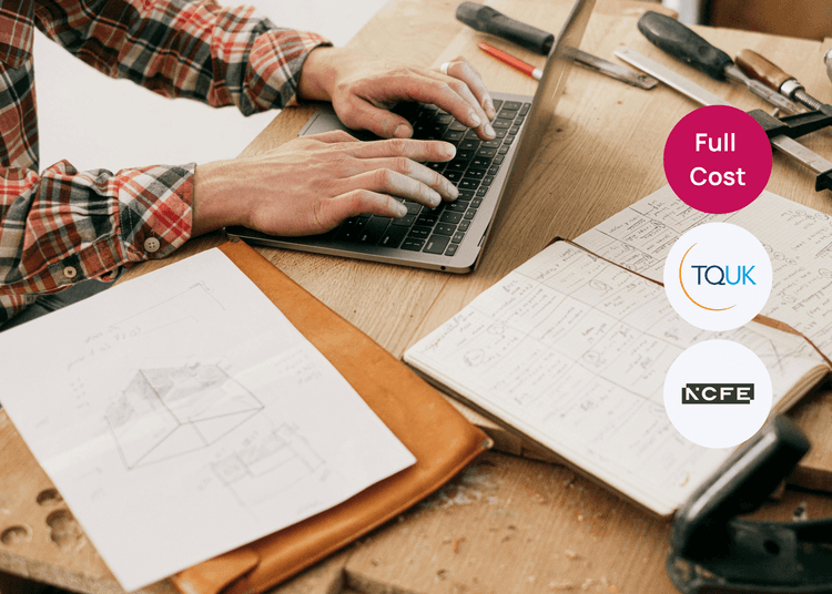 Working on a laptop beside sketches and tools, reflecting planning and organisation in practical skills training. Hands typing on a laptop at a workbench with sketches, notes and tools laid out for a practical project.