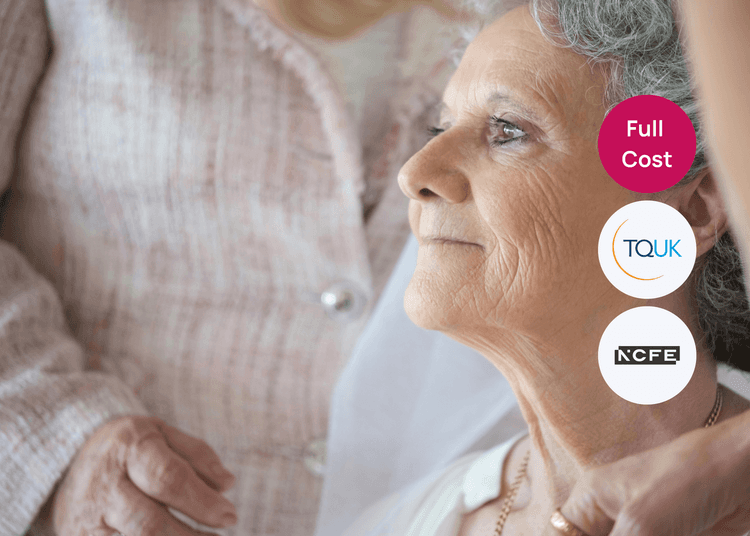 A carer standing beside an older woman, reflecting empathy and supportive customer service in care. Older woman looking upward with a calm expression while another person stands close beside her offering support.