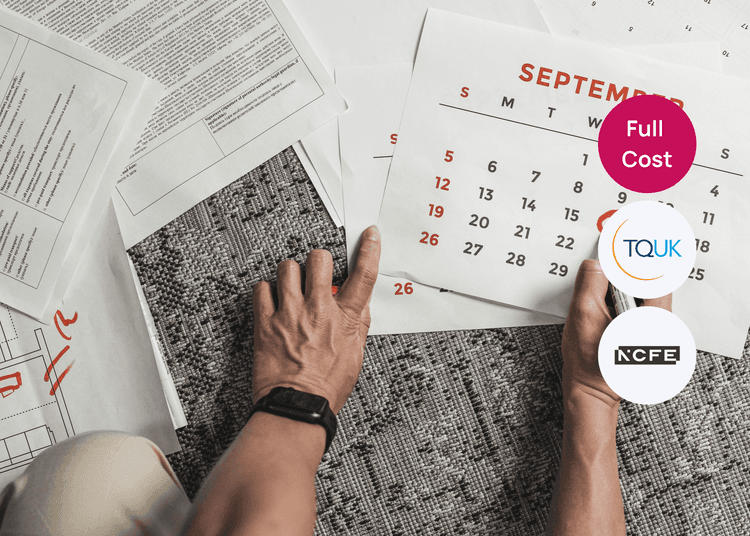 Person reviewing calendar dates and paperwork, linking to planning and time management skills. Hands holding printed September calendar pages on a carpeted floor alongside paperwork, suitable for time management training.