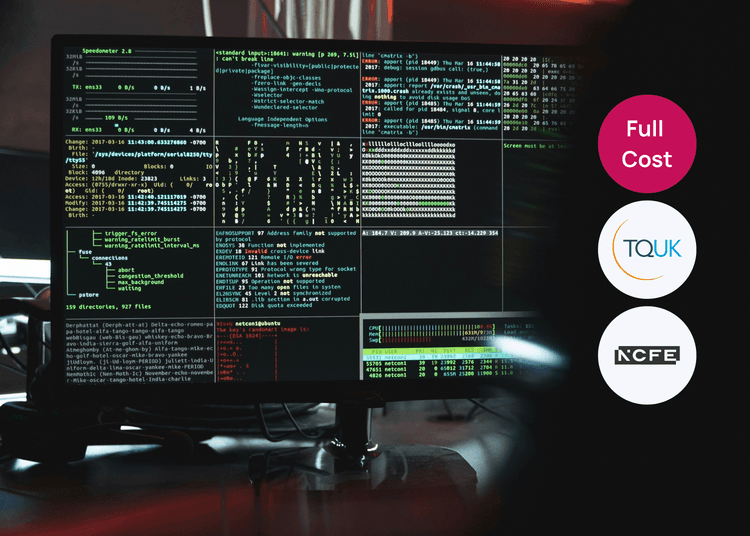 Screen displaying code and system activity, reflecting core cybersecurity skills. Computer monitor showing multiple code panels and system data, suitable for cybersecurity training.