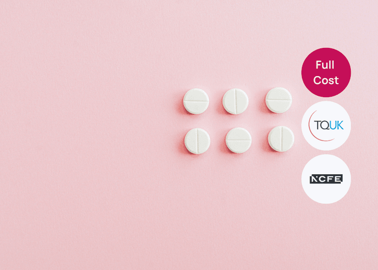 White tablets displayed on a pink background to support learning around safe medication handling and health care awareness. Six white tablets arranged in two rows on a pink background, suitable for a medication training or health care course.