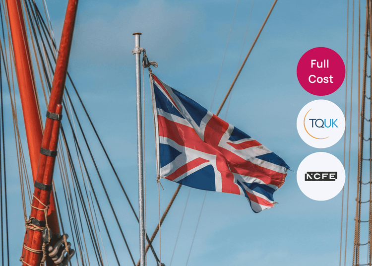 A Union Jack flag flying from a mast, suitable for courses focused on British values or UK governance. Union Jack flag on a mast against a blue sky with sailing ropes visible around it.