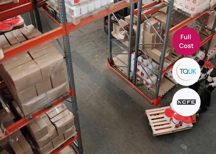 Workers moving stock on a pallet truck in a warehouse, highlighting safe manual handling practices. Warehouse shelves with boxed stock and containers while two workers move items on a pallet truck during manual handling tasks.