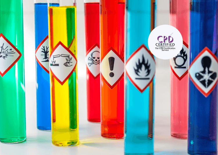 Test tubes marked with COSHH symbols to represent key chemical hazards, central to safe handling in COSHH training. Colourful test tubes with COSHH hazard symbols, indicating various chemical risks.