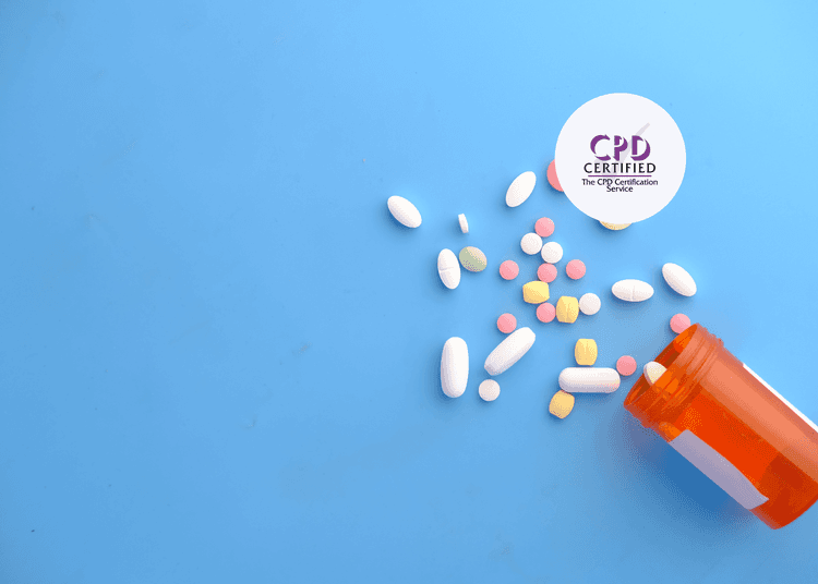 Loose tablets on a surface represent risks in poor medication storage, a key focus in safe handling of medicines training. Assorted pills and tablets spilled from an orange medicine bottle onto a blue surface.