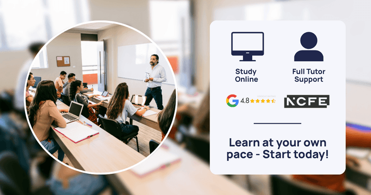 A teacher giving a lesson in Functional skills English & Maths to a classroom of students developing their skills. Students in a classroom learning English and maths, with online study, tutor support, NCFE logo, and 4.8 Google rating.
