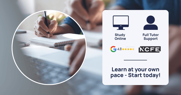 A man studies for his Functional Skills English & Maths course using a laptop and notepad. Man writing in a notebook while studying using a laptop, with icons for tutor support, online study, rating, and NCFE logo.