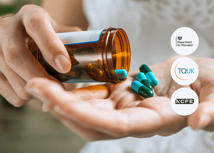 Hands holding medication capsules, highlighting the importance of allergy awareness in adult social care settings. Close-up of a person’s hands pouring green and blue capsules from an amber pill bottle into their palm.