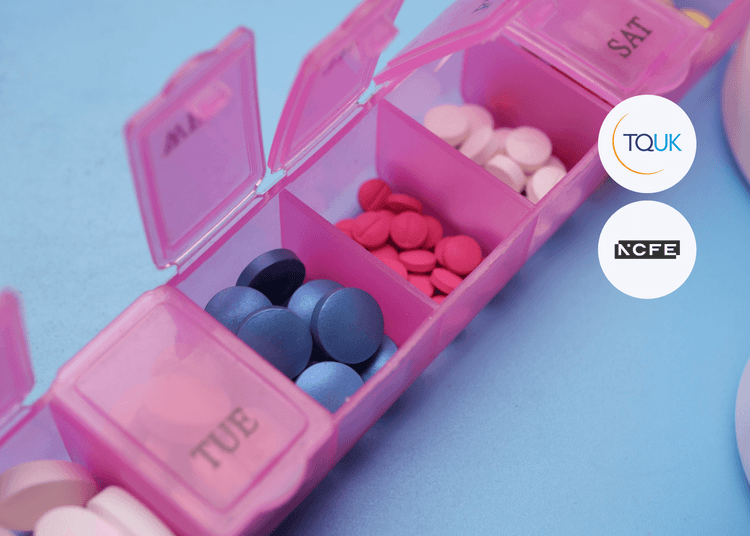 ain vital knowledge in allergy awareness with the paid Level 2 Adult Social Care course – a recognised qualification designed to improve safety and professional skills. Close-up of a weekly pill organiser filled with colourful tablets, symbolising allergy awareness in adult social care, with TQUK and NCFE logos.