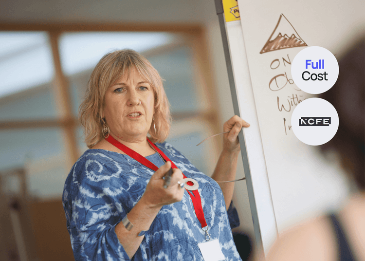 Build your knowledge and confidence with a recognised Mental Health Awareness qualification. Tutor delivering a training session with NCFE accreditation and full course cost funding shown.