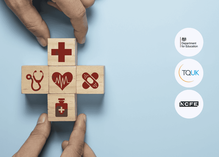 Medical icons form a wooden cross, suggesting the balance between care and service in health and social care roles. Hands arranging wooden blocks with red medical symbols into a cross shape on a light blue surface.