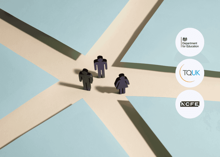 Three paper figures at a crossroads, representing decision-making in conflict and aggressive behaviour training. Three dark human-shaped cut-outs stand where multiple beige paths intersect between blue paper block shapes.