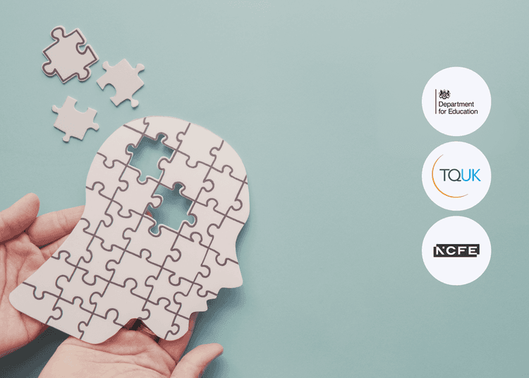 A head-shaped puzzle with missing pieces rests in open hands, highlighting the importance of mental health needs support. Hands holding a head-shaped puzzle with missing pieces on a blue background, symbolising mental health and cognitive gaps.